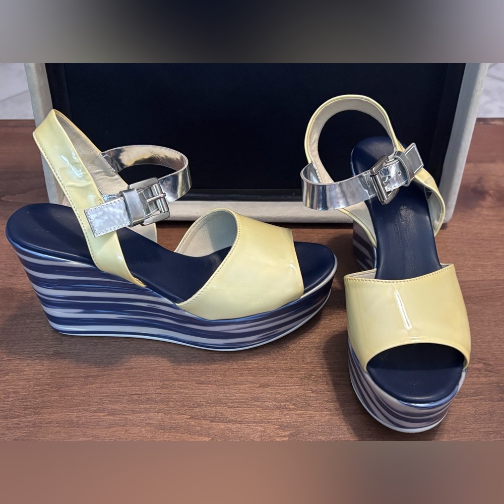 Attilio Giusti Leombruni AGL Yellow and Silver 4 inch Wedge Sandals. Size 39 1/2